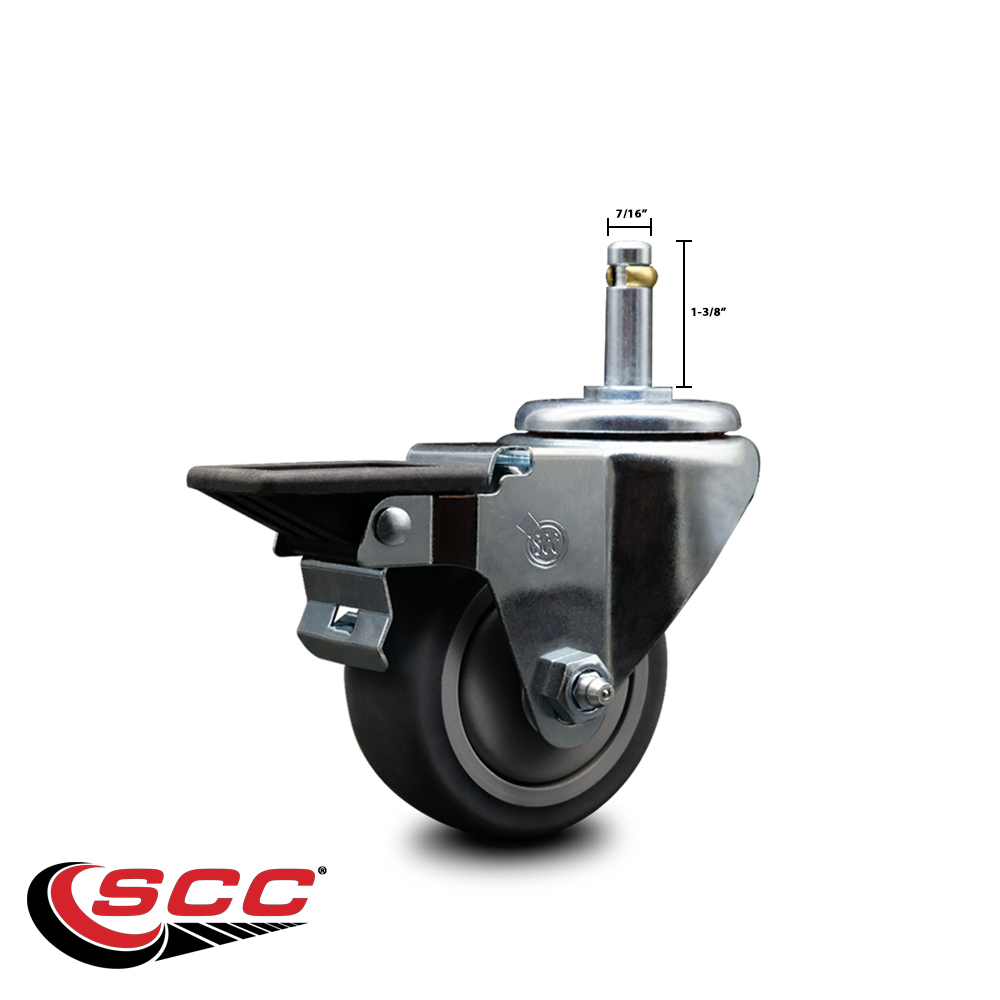 3 Inch Thermo Rubber Wheel Swivel 7/16 Inch Grip Ring Stem Caster with Brake