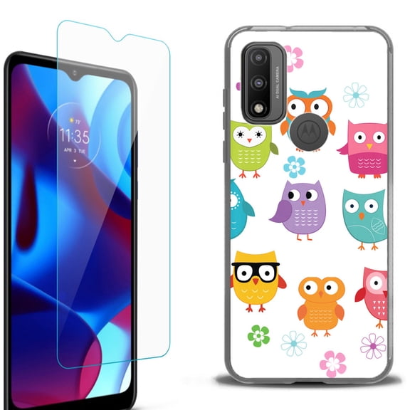 Slim-Fit Protective Phone Case (Black) compatible with Motorola Moto G Pure 5G, with Tempered Glass Screen Protector, by OneToughShield ® - Happy Owl