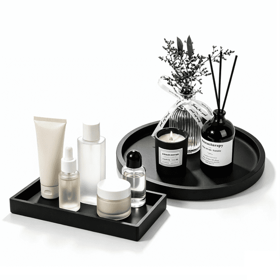 2 Pack Silicone Trays for Bathroom & Kitchen, Non-Slip Vanity Countertop Organizers, Waterproof Soap Dispenser Trays for Perfume, Candles, Plants & Sink Accessories (Rectangle & Round)
