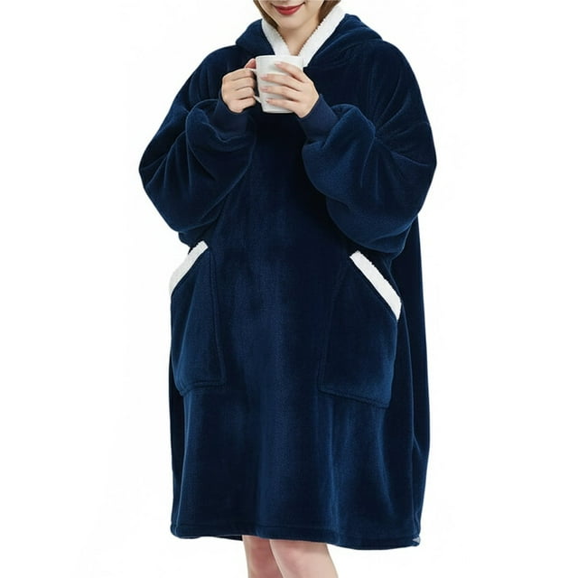 Wearable Blanket Hoodie for Women Fleece Hooded Blanket Sweatshirt Warm Cozy with Pocket Blue One Size