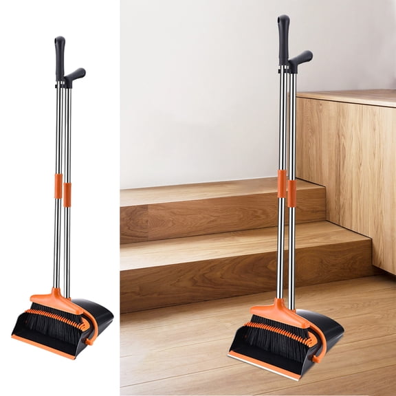 KQJQS Dust Pan and Broom with Long Handle Heavy Duty Standing Dustpan with Teeth, Indoor Outdoor Sweeping Broom for Floor Cleaning in Home, Kitchen, and Office