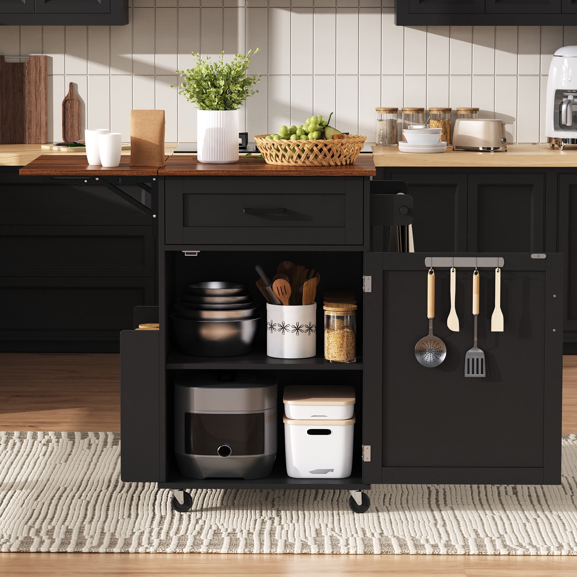 Alvantor Farmhouse Kitchen Island with Drop Leaf, 39.3" W Rolling Kitchen Cart with Side Rack for Dining Room Black