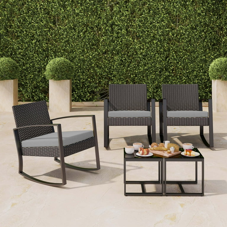 3 Pieces Wicker Patio Set Outdoor Chair Set with Glass Table Rattan Chair Modern Bistro Set for Porches and Patios Grey Cushion
