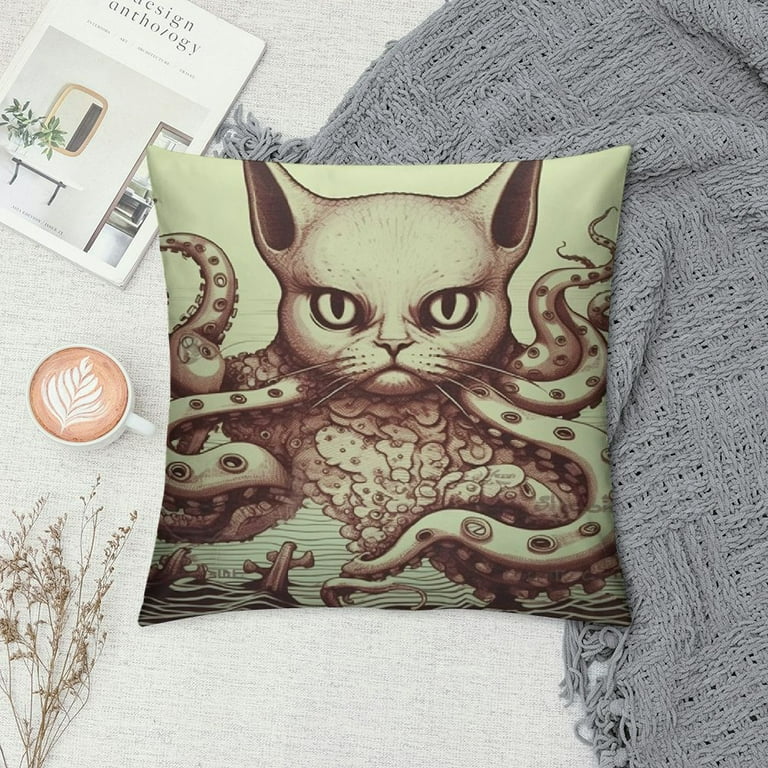 Comio Octopus Throw Pillow Cushion Cover Octopus with Cat Head Illustration Vintage Style Cartoon Cat with Tentacles Print Decorative Accent Pillow