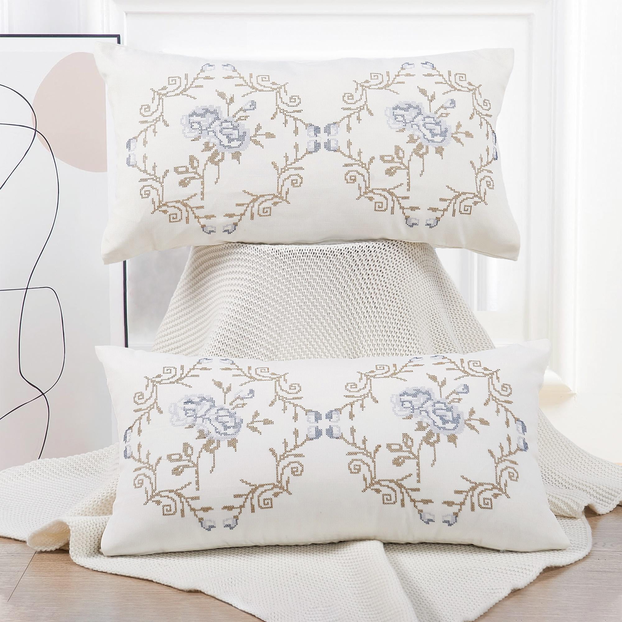 Home Soft Things Embroidery Canvas Throw Pillow Cover Pillow Case 2 Piece Set - Rose - Grey Blue - 14" x 26" LUMBAR
