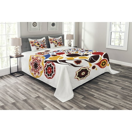 Motifs Cd - Abstract Bedspread Set, Colorful Graphic Design of Floral Motifs Hearts Music Notes Dots Ornamental Art, Decorative Quilted Coverlet Set with Pillow Shams Included, Multicolor, by Ambesonne