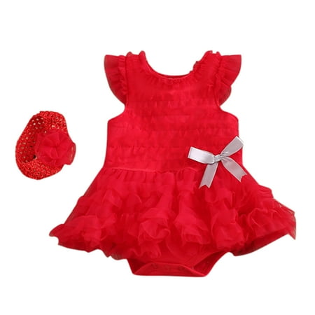 

RPVATI Baby Girls Infant with Headband Summer MeshRompers Solid Ruffle Outfits Sleeveless Bowknot Bodysuit 0-24M