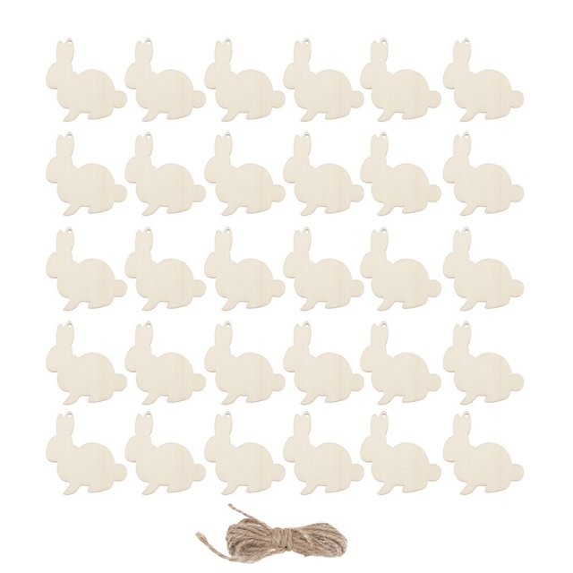 30 Pcs Lovely Wooden Art-wares Rabbit Wooden Crafts with Hemp Ropes (Wood Color)