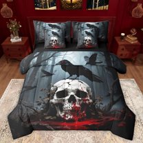 Castle Fairy Female Men Abstract Gothic Skull Twin Bedding Sets 7-Piece,Animal Black Crow Bedding Comforter Set Microfiber,Exotic Style Breathable Sheet Sets,Lightweight Room Decor,Reversible