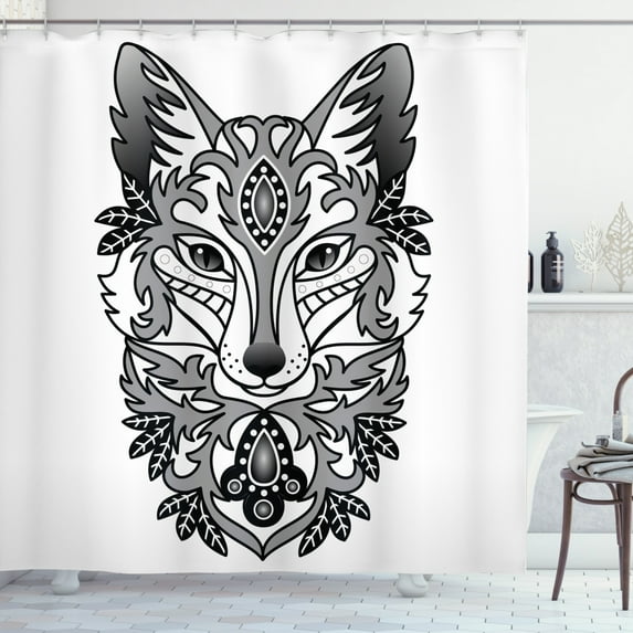 Ambesonne Fox Shower Curtain, Ornamental Fox Face Curves, 69"Wx84"L, Grey Black White