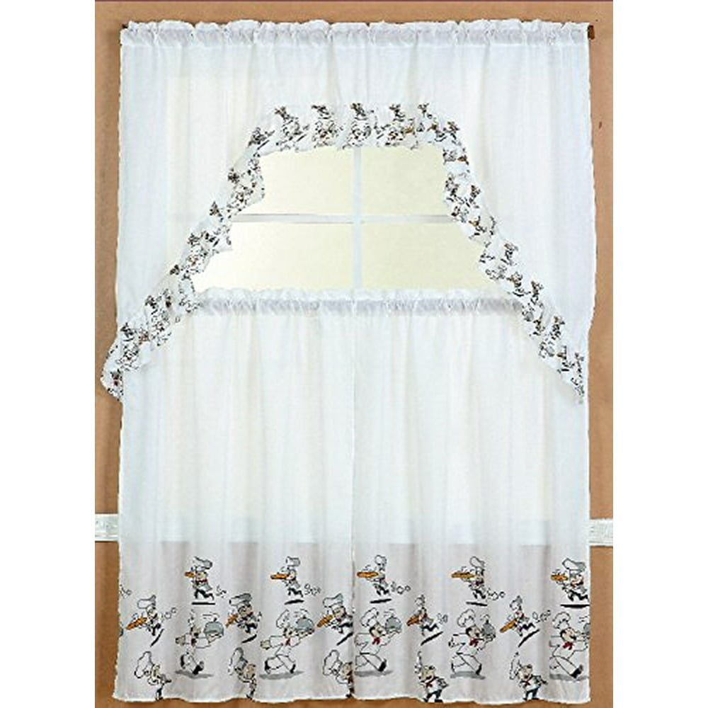 3 Piece Kitchen Curtain Set 2 Tiers and 1 Valance (Chef)