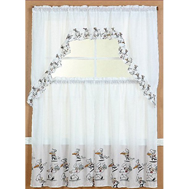 3 Piece Kitchen Curtain Set 2 Tiers And 1 Valance Chef Walmart Com Walmart Com