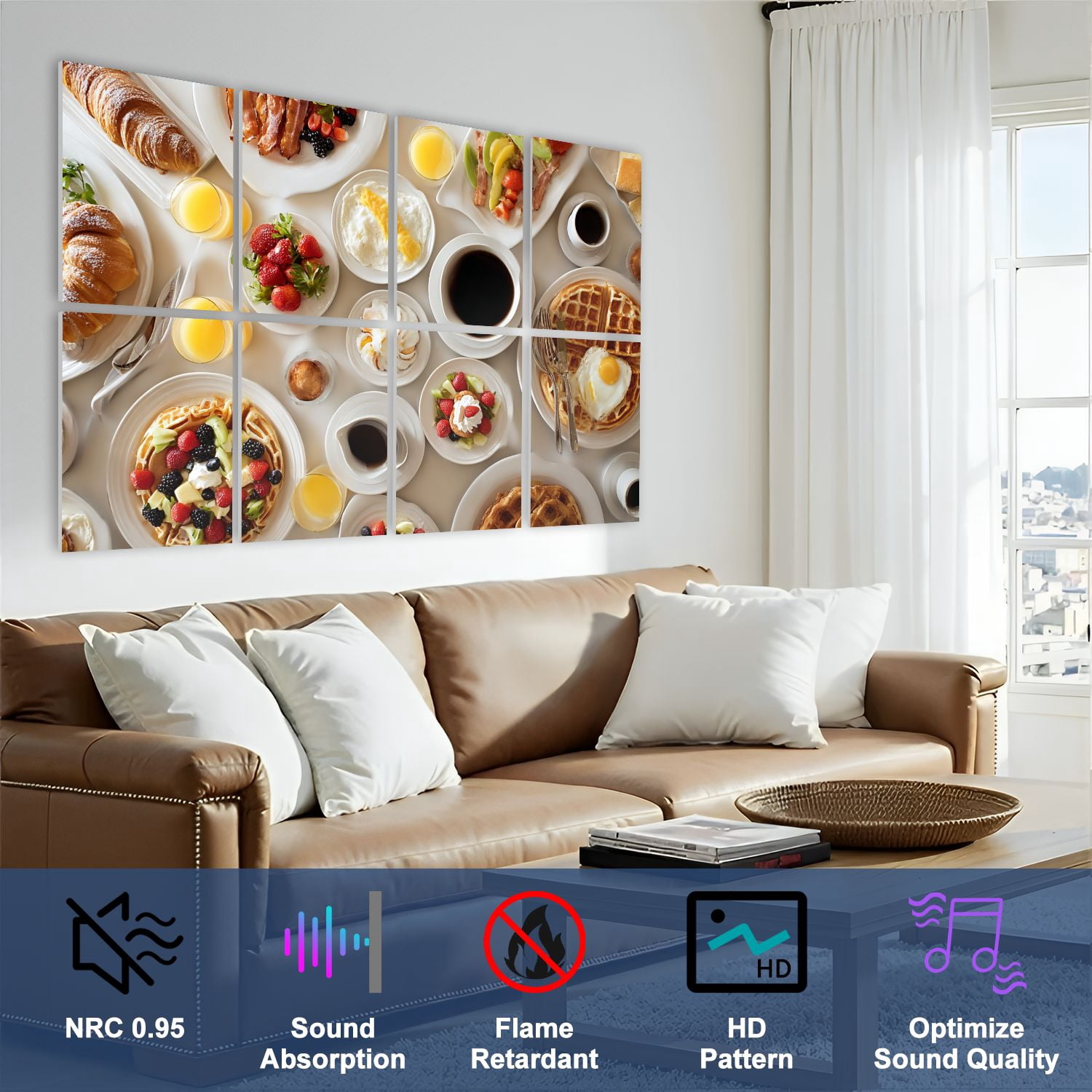 8 Pack Art Acoustic Panels Sound Absorbing Breakfast Feast Decorative Soundproof Wall Panels Self Adhesive for Nursery Game Room Bedroom 48"x32"