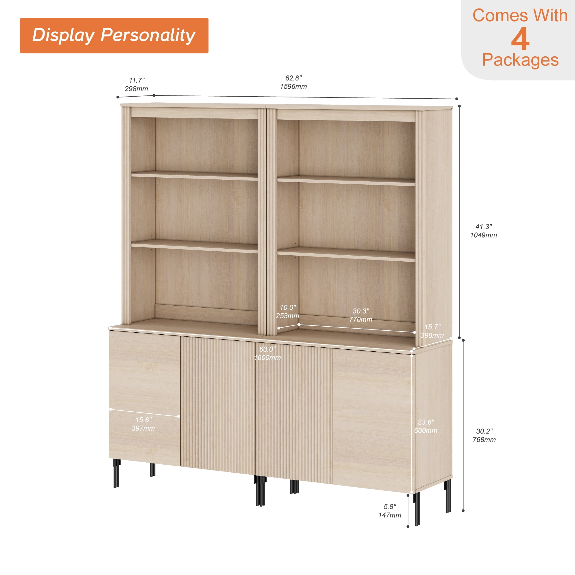71.6"H X 60.4"W Set Of 2 Bookcase with Storage Cabinets, 10 Tier Bookshelf with Fluted Doors and Adjustable Shelves, Large Modern Display Cabinet For Living Room Bedroom Home Office Kitchen