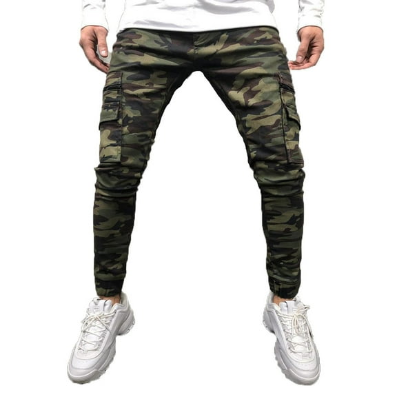 Mens Jeans Camo Slim Fit Casual Multi Pocket Straight Leg Sport Denim Jeans Casual Trendy Stretchy Men's Pants