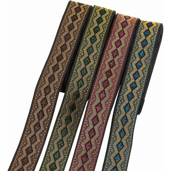 15.3 Yards 4 Colors Jacquard Ribbon Trim Vintage Embroidered Polyester Ribbons with Waving & Rhombus Pattern 3/4" Wide Geometric Woven Ribbon Sewing Ribbon