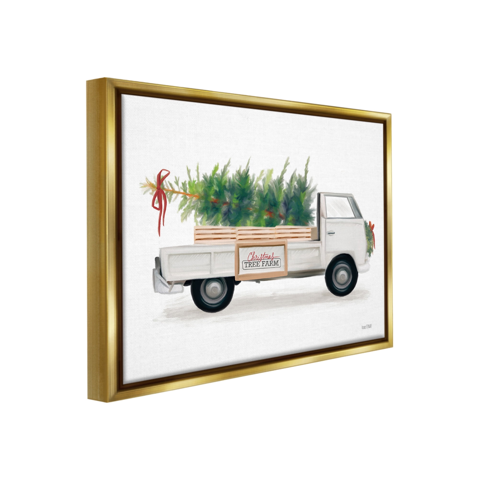 Stupell Industries Christmas Tree Farm Truck Holiday Painting Gold Floater Framed Canvas Art Print Wall Art, 21 x 17