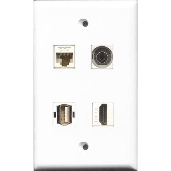 RiteAV 1 Port HDMI and 1 Port USB A-A and 1 Port 3.5mm and 1 Port Cat6 Ethernet White Wall Plate