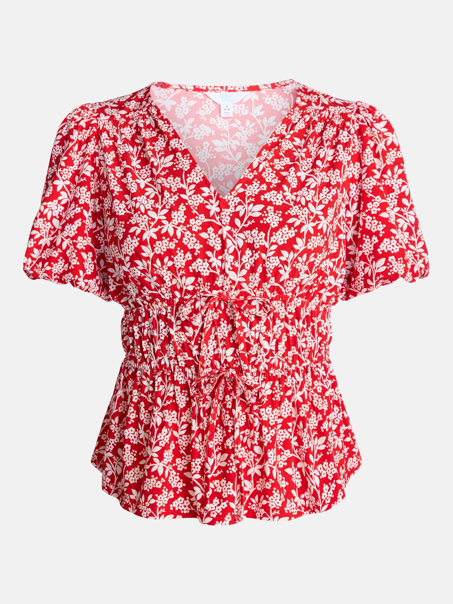 Time and Tru Women's and Women's Plus V-Neck Shirred Peplum Top, Sizes XS-XXXL