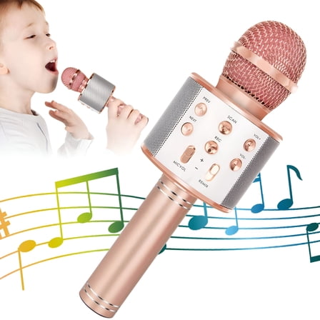 GJX Wireless Bluetooth Karaoke Microphone for Kids, 5-in-1 Portable Handheld Karaoke Mic Speaker Player Recorder with Adjustable Remix FM Radio for Girls Boys Teens Birthday (Rose Gold)