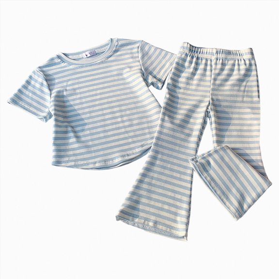KPOPLK Baby Girl Summer 2 Piece Outfits Ruffle Short Sleeve Tops Striped Print Jogger Pants Casual Soft Comfy Clothes 12 18 24 Months Infant Toddler Size 4-5 Years,Light Blue