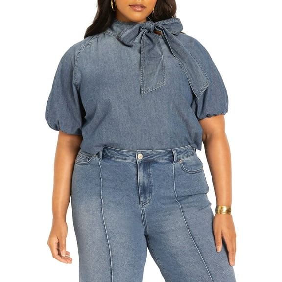 ELOQUII Women's Plus Size Sleeve Chambray Tie Neck Top