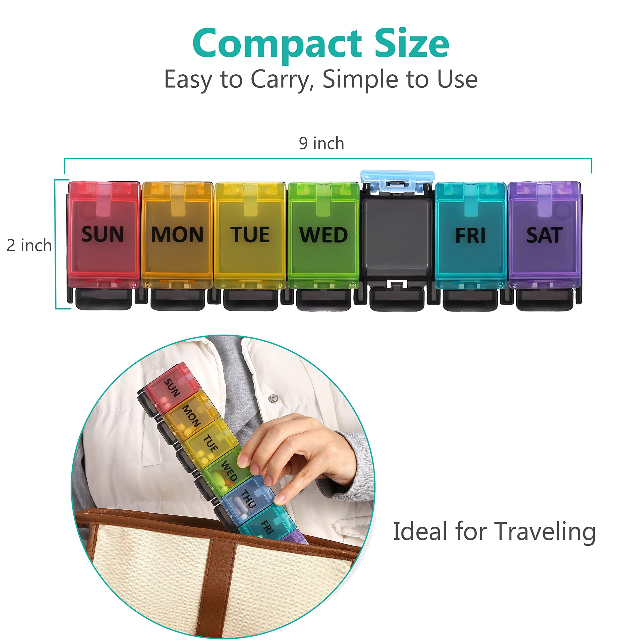 Fullicon Large Compartments Travel-Friendly 7-Day Pill Organizer Family Pack, Black (4 Pack)