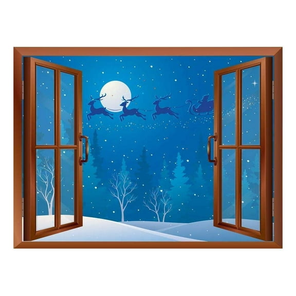 wall26 Cartoon Santa Claus and Reindeers Flying Over The Trees - Peel and Stick Self-Adhesive Removable Window View Wall Sticker/Wall Mural - 24"x32"