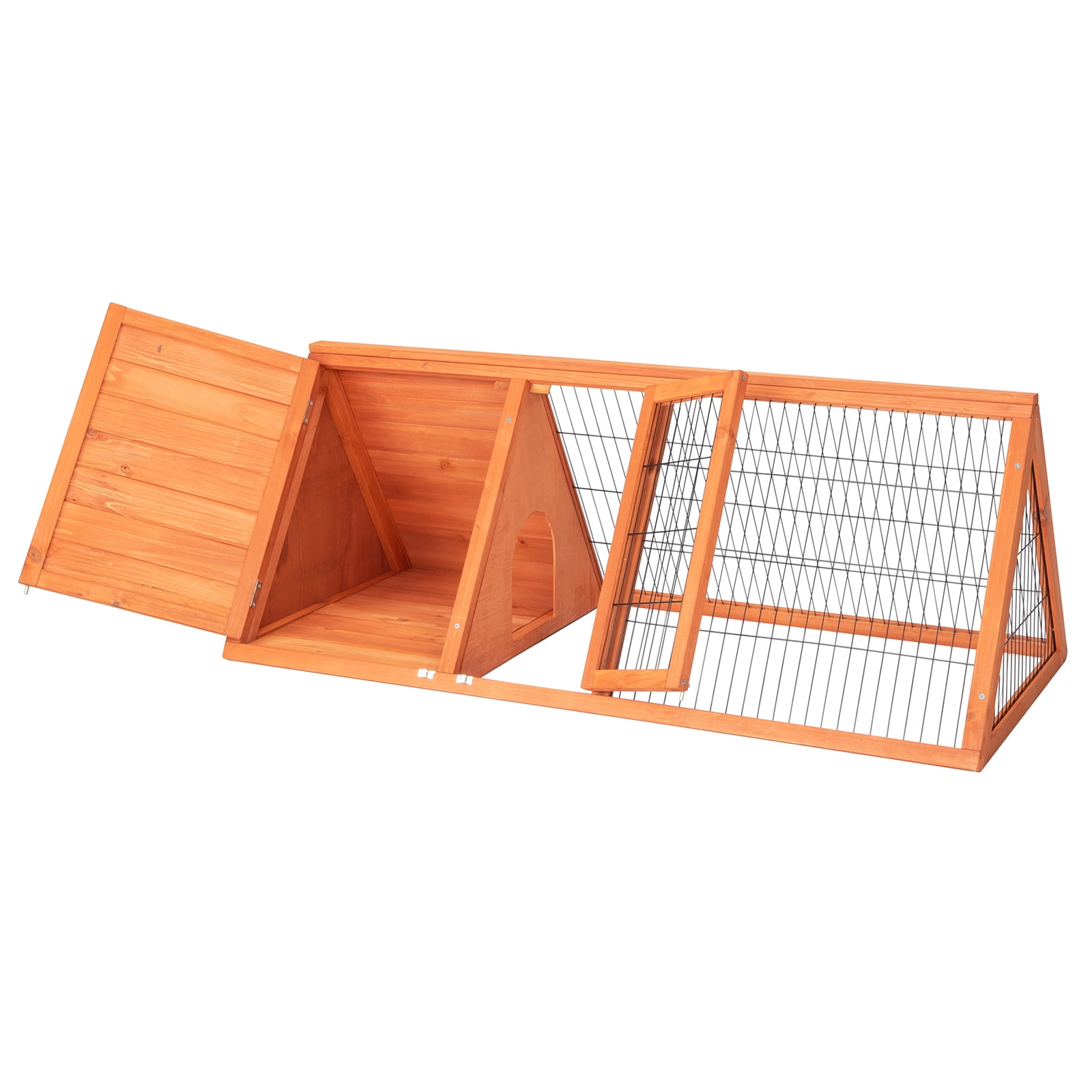 60in Triangular Fir Wood Rabbit Hutch, Outdoor Wooden Guinea Pig Coop, Weatherproof Small Animal Cage with Separate Sleeping Area for Chicken, Ferret