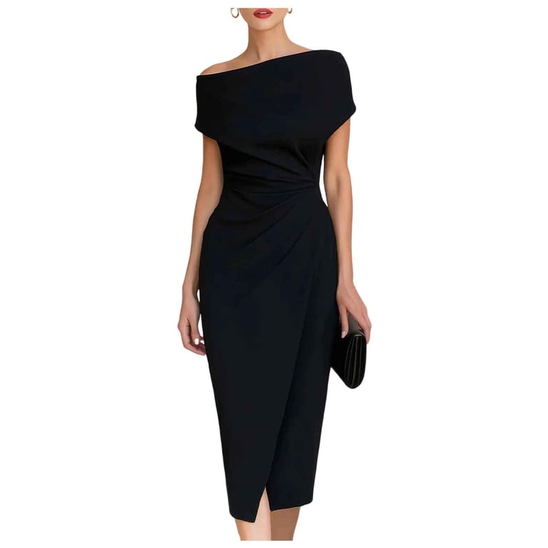 pencil bridesmaid dresses Kojanyu Women's Sleeveless Bodycon Pencil Midi Dresses Stretchy Off the Shoulder Work Party Split Hem Wedding Guest Dress S-xxl, Red