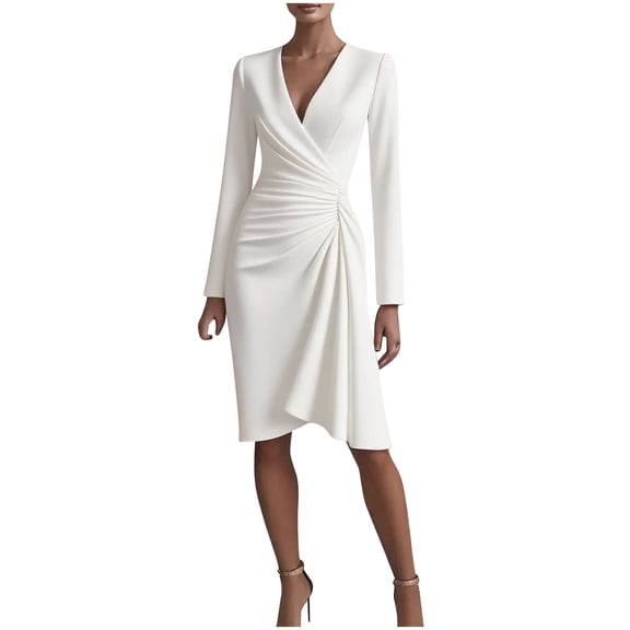 Long Sleeve V Neck Dresses Women Solid Color Pleated Elastic Waist Casual Midi Dress for Daily Wear