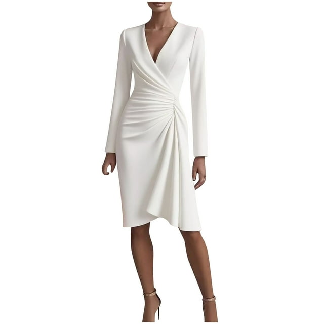 Women's Wrap V Neck Ruched Midi Dress, Long Sleeve A-Line Business Cocktail Wedding Guest Formal Work Dress,White,L