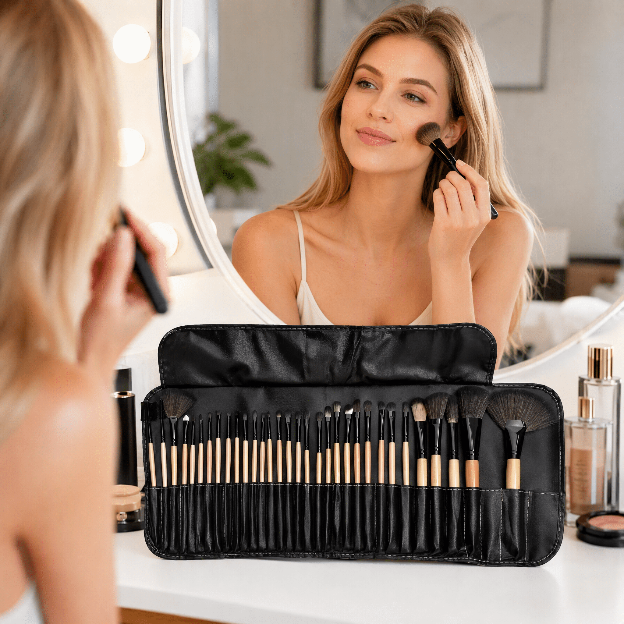 Foldable Makeup Brush Storage Bag, Black Leather Multi Slot Makeup Brush Roll Bag, Professional Makeup Artist Travel Storage Bag
