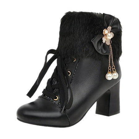 

GNEIKDEING Women s Autumn And Winter New Short Boots Foreign Trade Front Lace Bow Decorated Short Boots Gift on Clearance
