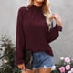 thumbnail image 5 of Top de manga larga para mujer, cuello simulado con volantes, manga acampanada, poliéster transpirable, color puro, blusa suelta para mujer para el trabajo diario, rojo vino M, 5 of 9
