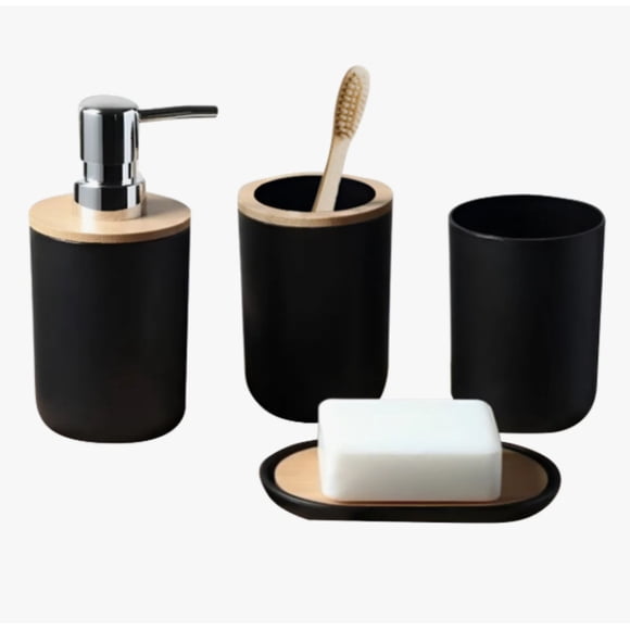 Accesorios De Baño Set De 4 Piezas Con Detalles De Bambu Modelo Negro