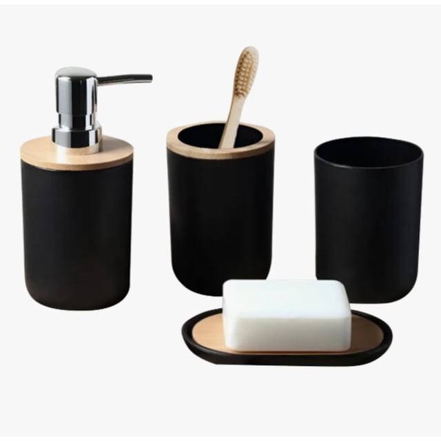 Accesorios De Baño Set De 4 Piezas Con Detalles De Bambu Modelo Negro