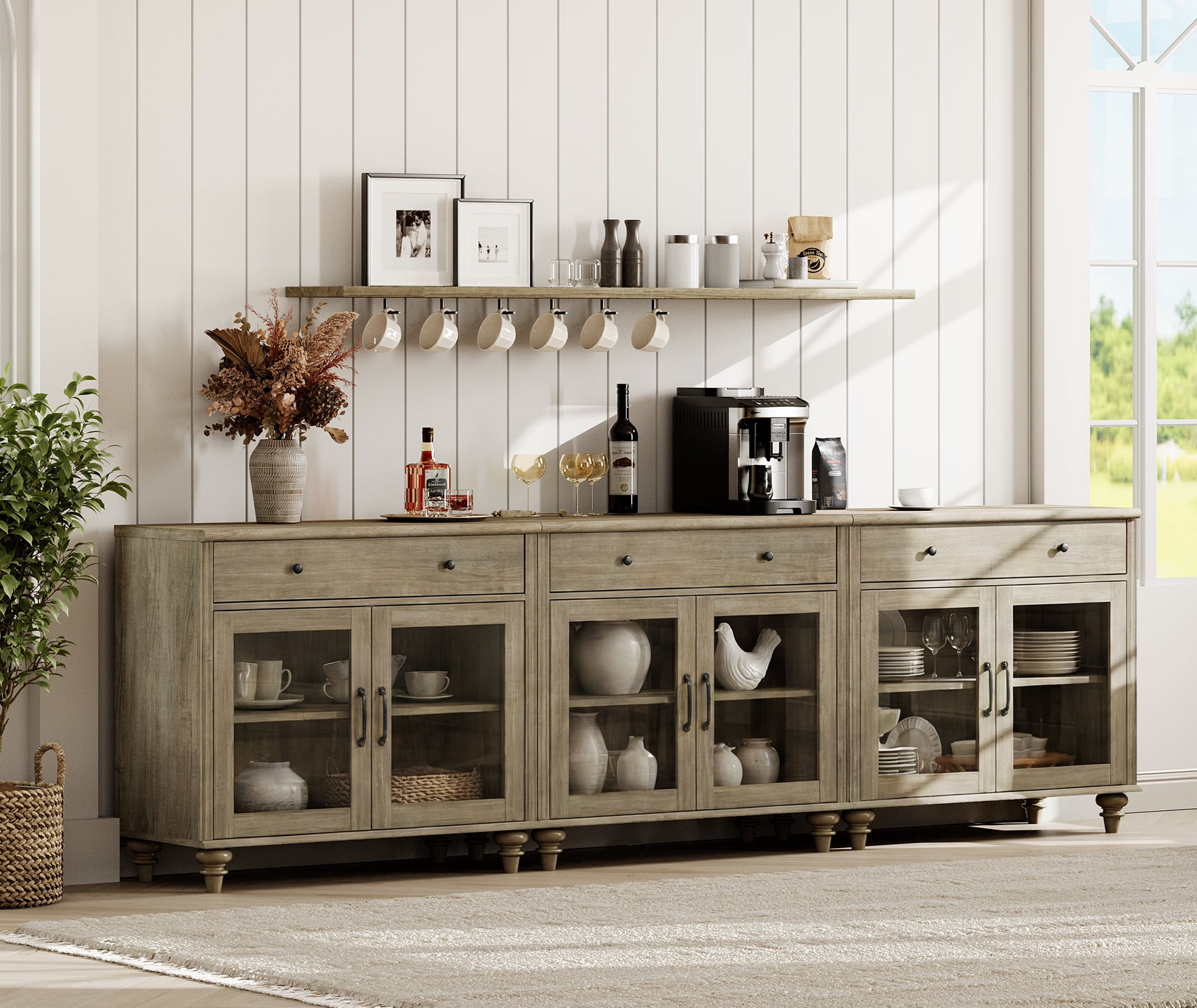 101" Wash Gray Glass Door Buffet Cabinet with Drawer, Farmhouse Sideboard with Storage