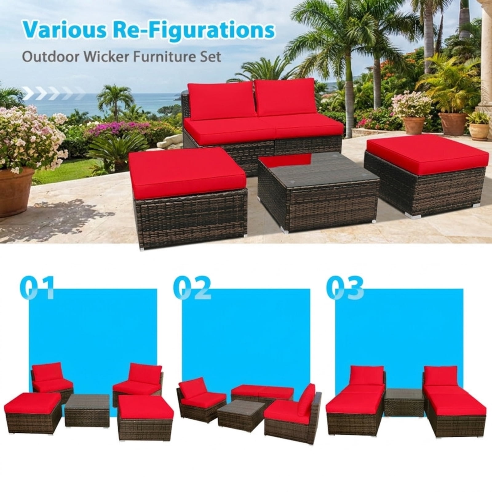 Furnibear 5 Piece Patio Furniture Set Outdoor Wicker Conversation Set with Cushioned Armless Sofas and Coffee Table for Garden Deck, Red