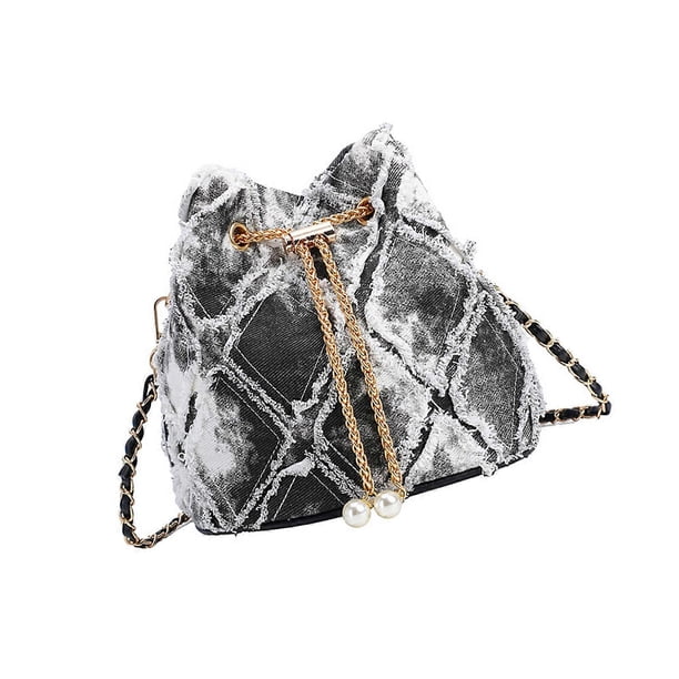 Bucket Bags Women Crossbody Purses with Drawstring Ladies Hobos Bag Denims Clutches Purse Handbags Satchel Shoulder Bag White