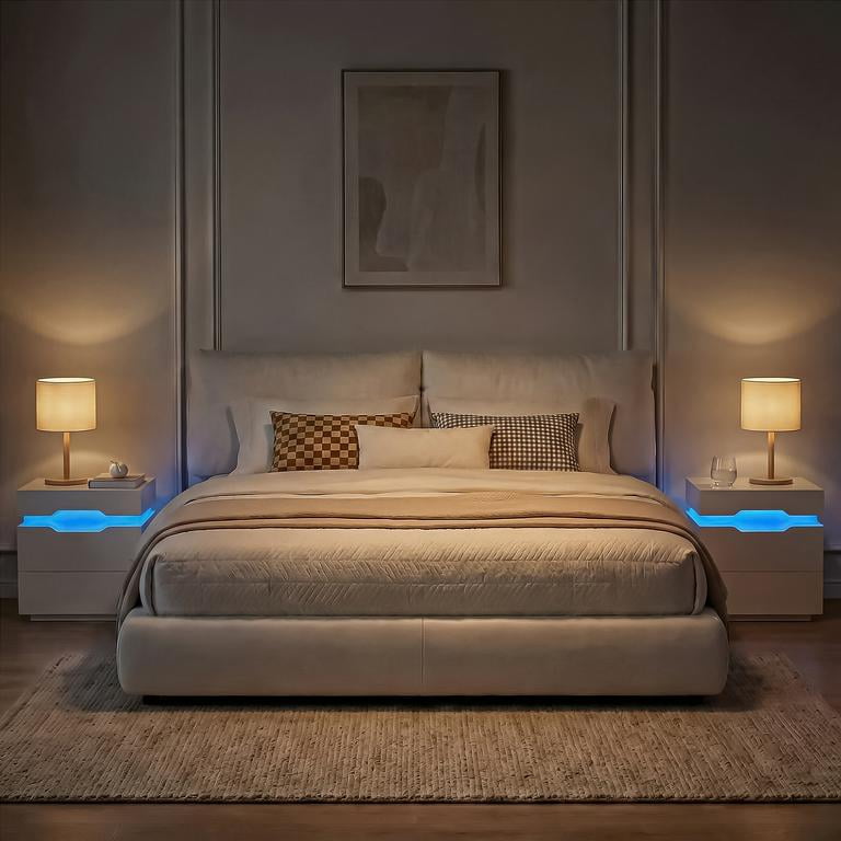 Lacoo Modern End Table Set of 2 with LED Lights & Charging Station, White Nightstand with 2 Drawers & Upper Storage for Living Room Bedroom, 2 Drawer