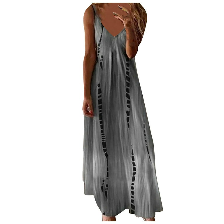RPVATI Women Casual Dresses Tie-Dye V Neck Spaghetti Strap Sundresses  Sleeveless Loose Maxi Dress Dark Gray L 