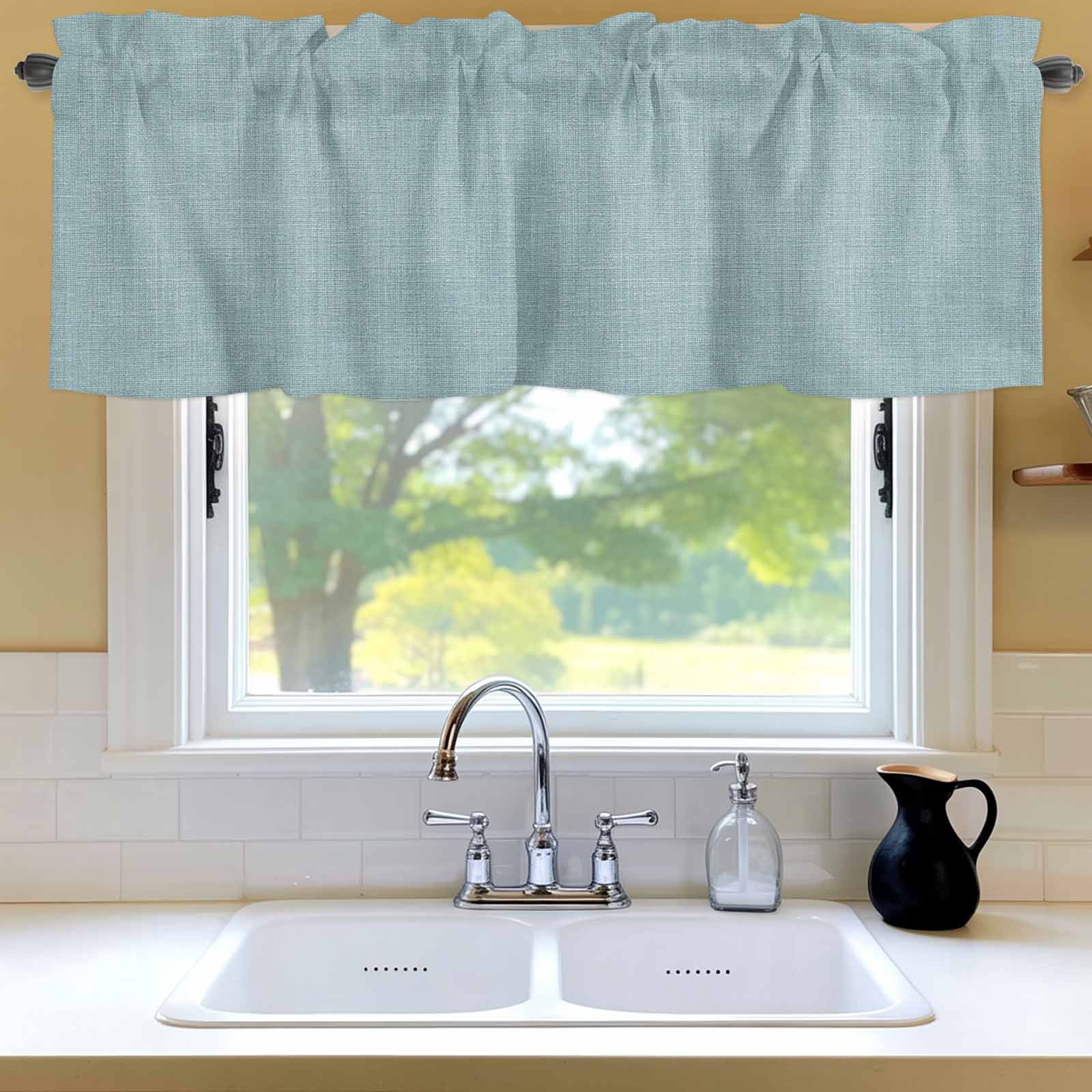 Curtain Valance for Windows, Light Blue Vintage Linen Kitchen Valances Rod Pocket Short Curtains, Solid Color Window Valance for Bedroom Bathroom Living room 60x18in