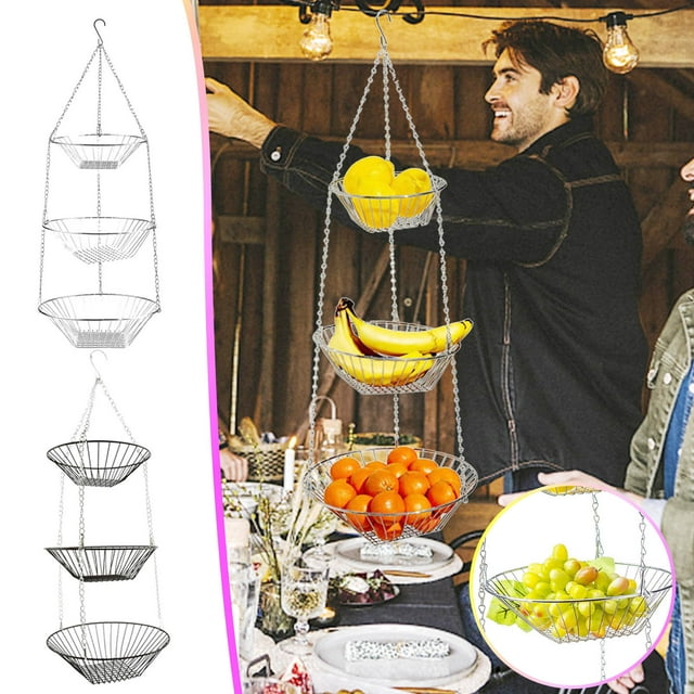 pstuiky 3-Tier Hanging Basket Metal Fruit & Vegetable Storage Space-Saving Kitchen Organizer Foldable & Rust-Resistant Wall Mount or Countertop Use for Kitchen, Pantry, Dining Room