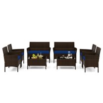Topbuy 8 Piece Patio Rattan Conversation Set Outdoor Wicker Furniture Set w/ Chair Loveseat & Tempered Glass Table Navy