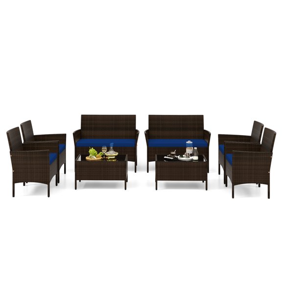 Topbuy 8 Piece Patio Rattan Conversation Set Outdoor Wicker Furniture Set w/ Chair Loveseat & Tempered Glass Table Navy