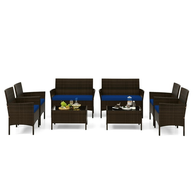 Patiojoy 8 Piece Patio Rattan Conversation Set Outdoor Wicker Furniture Set w/ Chair Loveseat & Tempered Glass Table Navy
