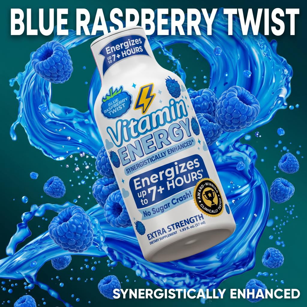Vitamin Energy Focus+ Extra Strength Shot, Blue Raspberry, 12 Pack – 260mg Natural Caffeine, CoQ10 & B-Vitamins, Zero Sugar, 1.93 fl oz