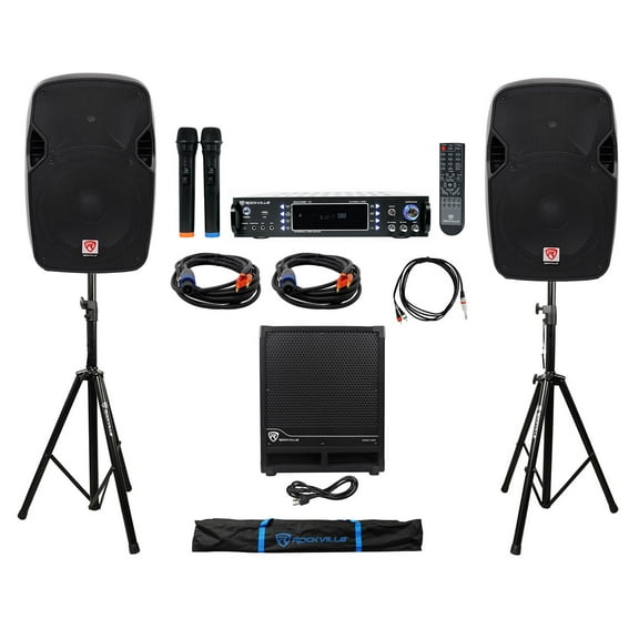 DJ Package: (2) 12" 1200w Speakers 12" Subwoofer Bluetooth Amp Stands Cables Bag