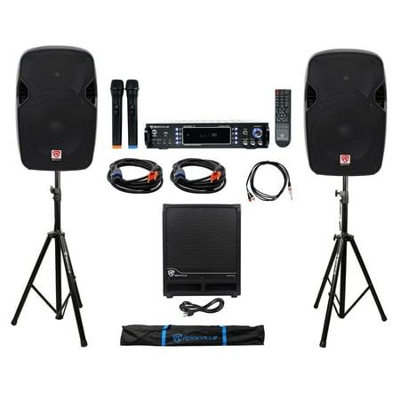 DJ Package: (2) 12" 1200w Speakers+12" Subwoofer+Bluetooth Amp+Stands+Cables+Bag